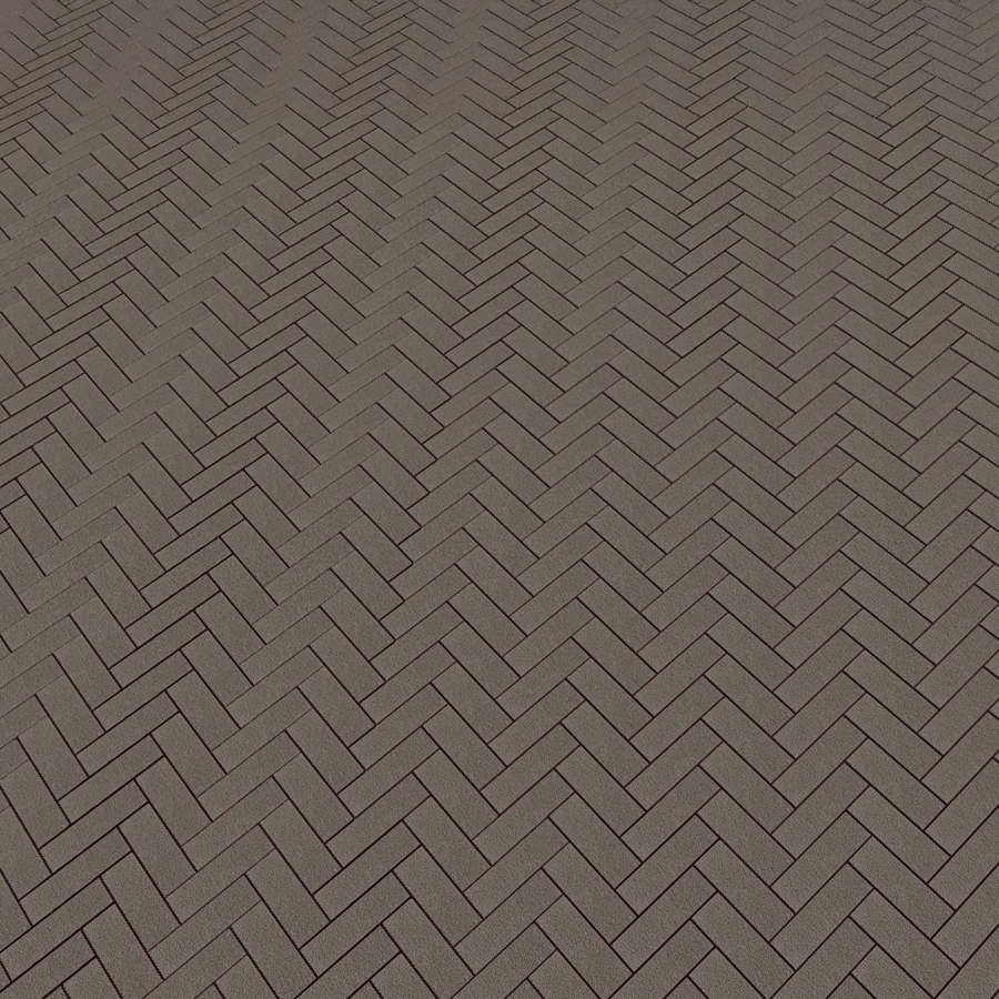 Straatbeeld met bruine betonstenen gelegd in een visgraatpatroon. De stenen hebben een egale kleur en een fijne textuur, geschikt voor een strakke en moderne bestrating.