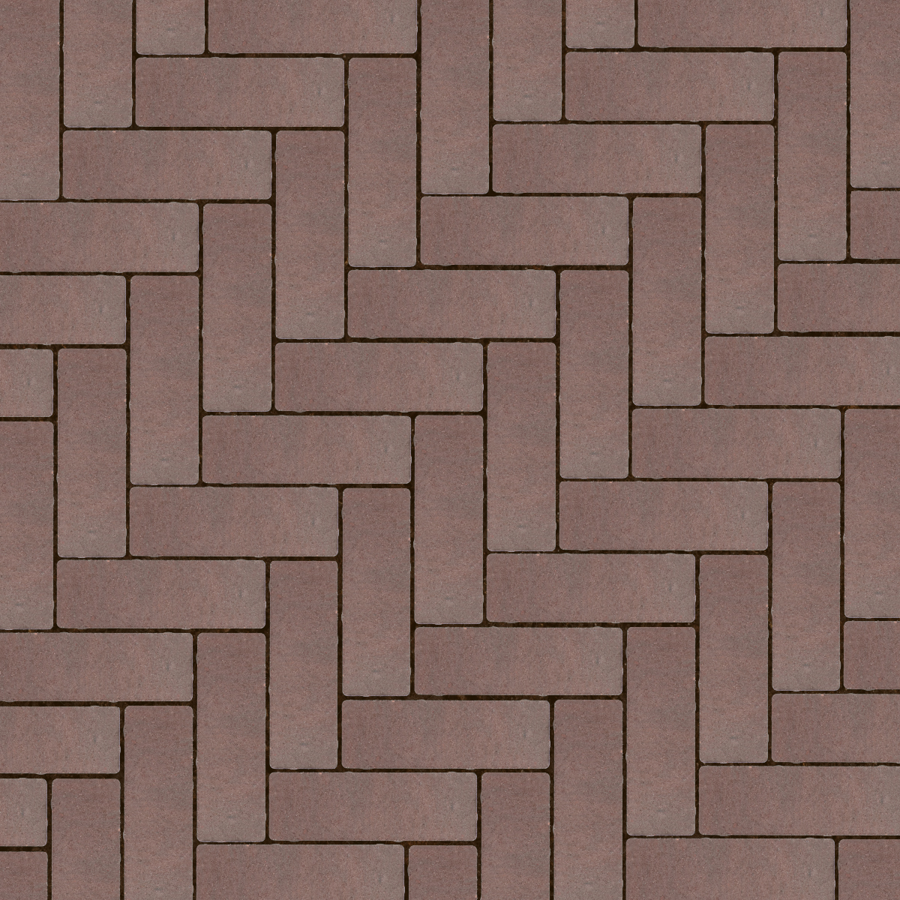 Straatbeeld met rood-bruine betonstenen gelegd in een elleboogverband. De stenen hebben een egale kleur en een fijne textuur, geschikt voor een strakke en moderne bestrating.
