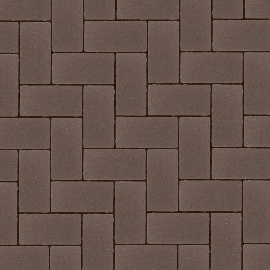 Straatbeeld met roodbruine betonstenen gelegd in een elleboogverband. De stenen hebben een genuanceerde kleur en een fijne textuur, geschikt voor een strakke en moderne bestrating.