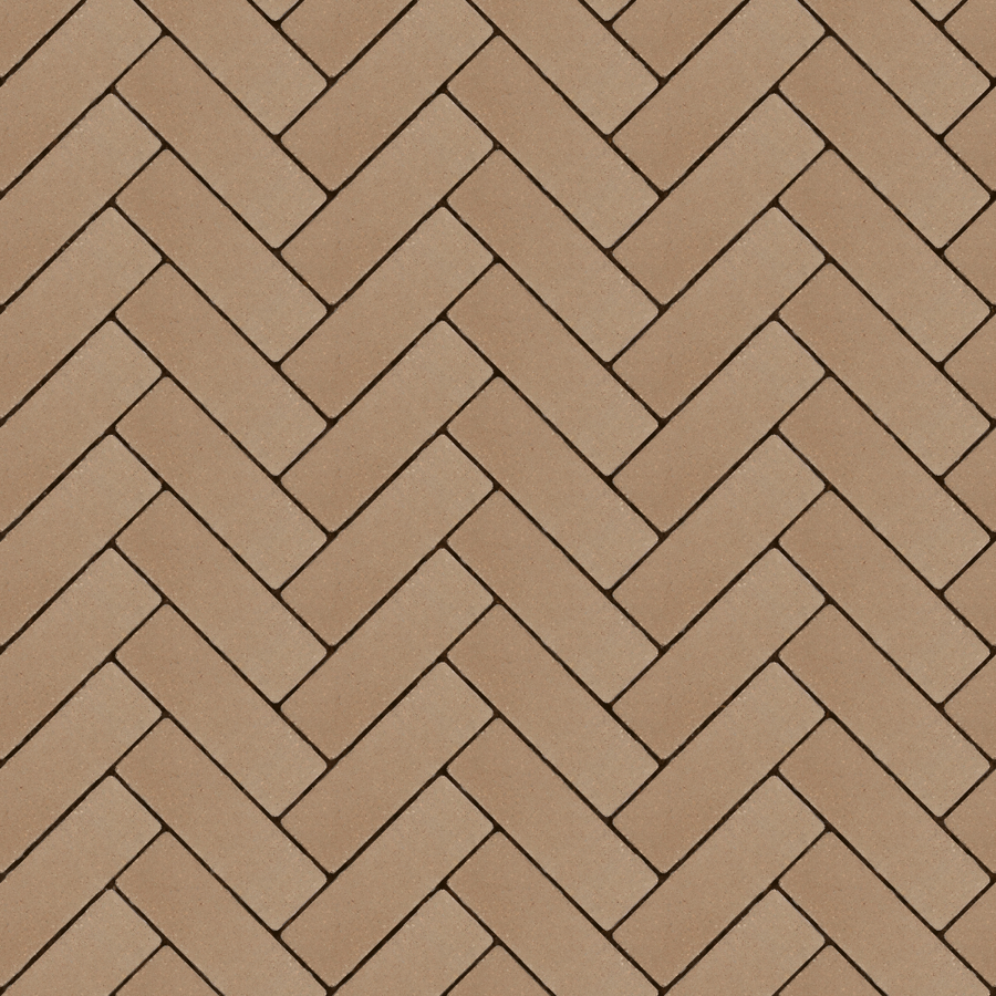 Straatbeeld met geel/bruine betonstenen gelegd in een visgraatpatroon. De stenen hebben een egale kleur en een fijne textuur, geschikt voor een strakke en moderne bestrating.