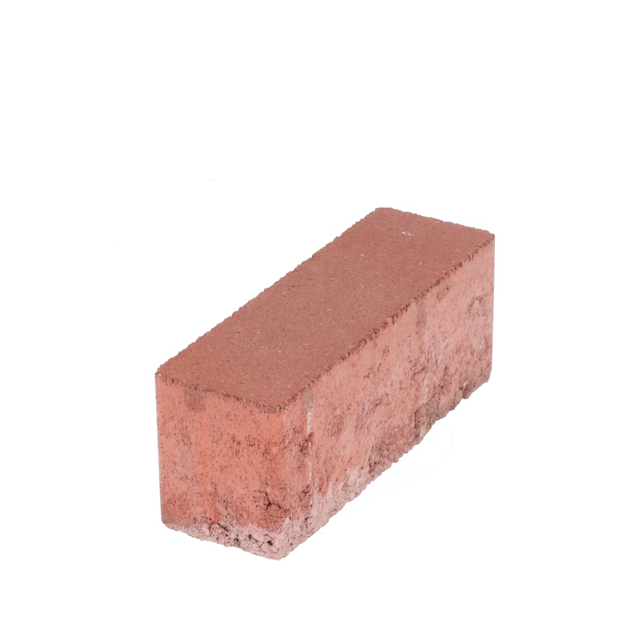 Boven zijaanzicht van een betonstraatsteen met een diep rode kleur en natuursteenlook, rechthoekig van vorm, met een licht ruwe textuur. De afbeelding toont de steen in een neutrale belichting, geschikt voor gebruik in bestrating.