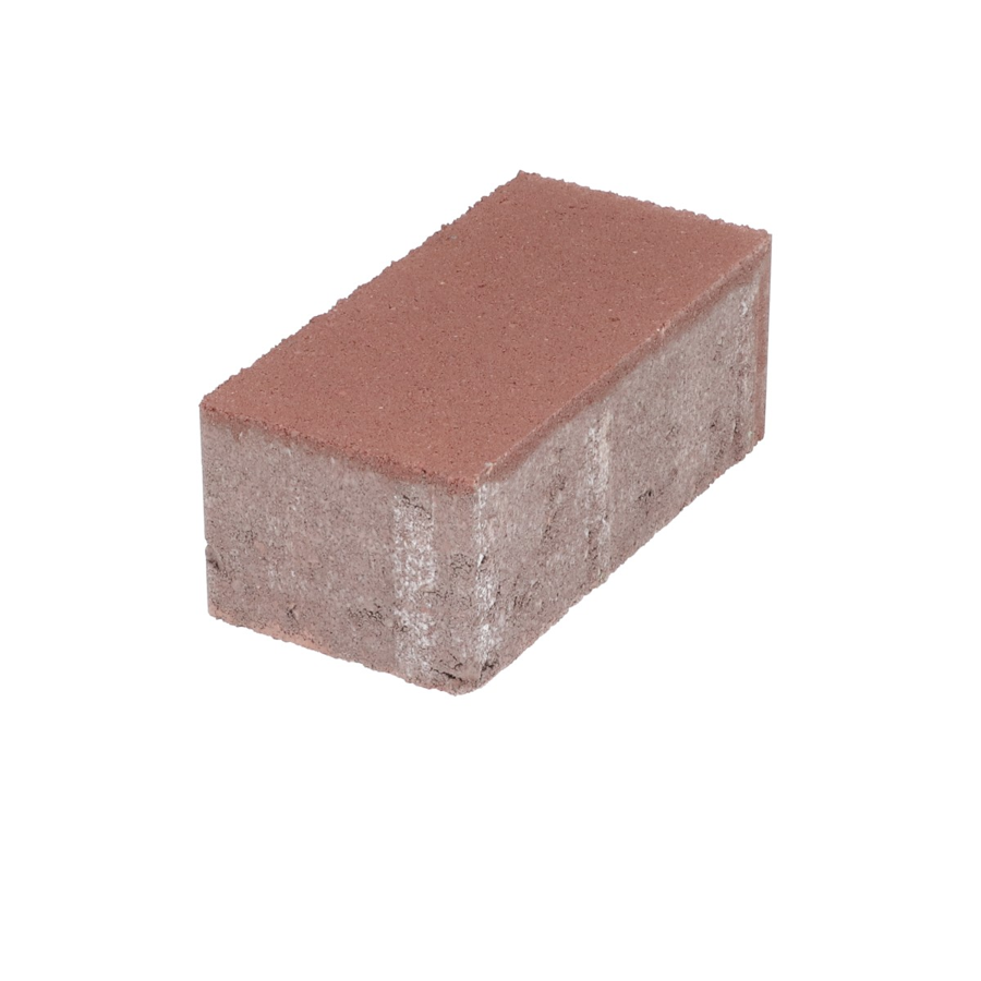 Boven zijaanzicht van een betonstraatsteen met een rode kleur en natuursteenlook, rechthoekig van vorm, met een licht ruwe textuur. De afbeelding toont de steen in een neutrale belichting, geschikt voor gebruik in bestrating.
