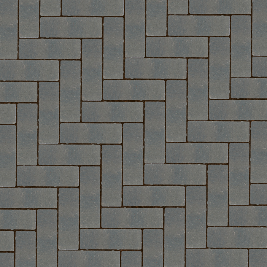Straatbeeld met antraciete betonstenen gelegd in een elleboogverband. De stenen hebben genuanceerde kleuren en een fijne textuur, geschikt voor een strakke en moderne bestrating.