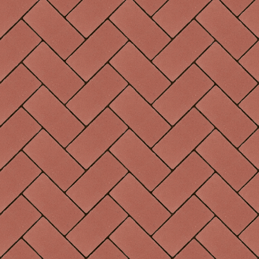 Straatbeeld met diep rode betonstenen gelegd in een keperverband. De stenen hebben een egale kleur en een fijne textuur, geschikt voor een strakke en moderne bestrating.