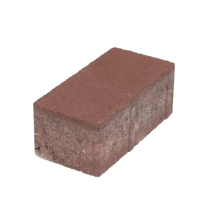 Boven zijaanzicht van een betonstraatsteen met een rode kleur en natuursteenlook, rechthoekig van vorm, met een licht ruwe textuur. De afbeelding toont de steen in een neutrale belichting, geschikt voor gebruik in bestrating.