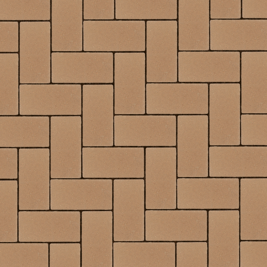 Straatbeeld met gele betonstenen gelegd in een elleboogverband. De stenen hebben een egale kleur en een fijne textuur, geschikt voor een strakke en moderne bestrating.