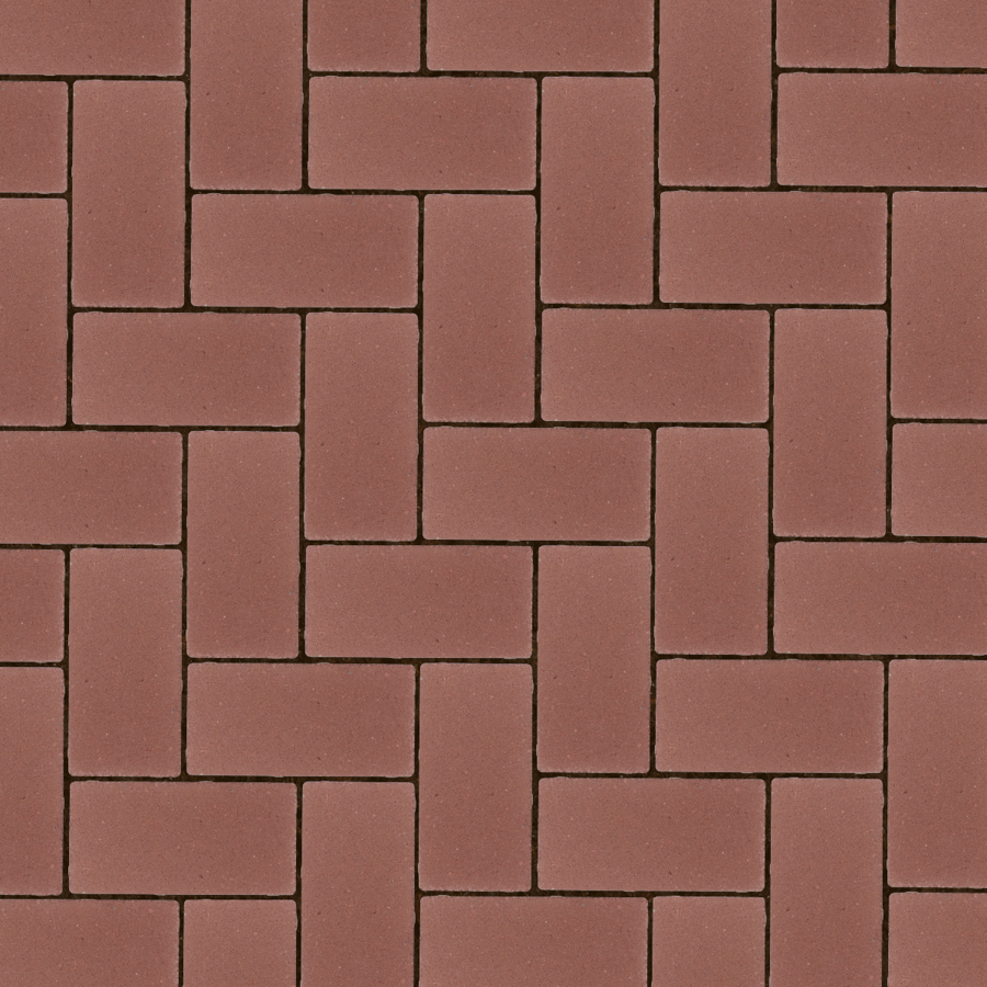 Straatbeeld met rode betonstenen gelegd in een elleboogverband. De stenen hebben een egale kleur en een fijne textuur, geschikt voor een strakke en moderne bestrating.