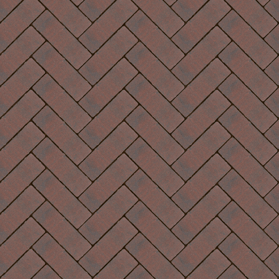 Straatbeeld met rood/antraciete betonstenen gelegd in een keperverband. De stenen hebben genuanceerde kleuren en een fijne textuur, geschikt voor een strakke en moderne bestrating.