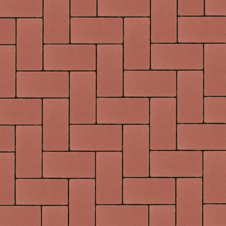 Straatbeeld met diep rode betonstenen gelegd in een elleboogverband. De stenen hebben een egale kleur en een fijne textuur, geschikt voor een strakke en moderne bestrating.