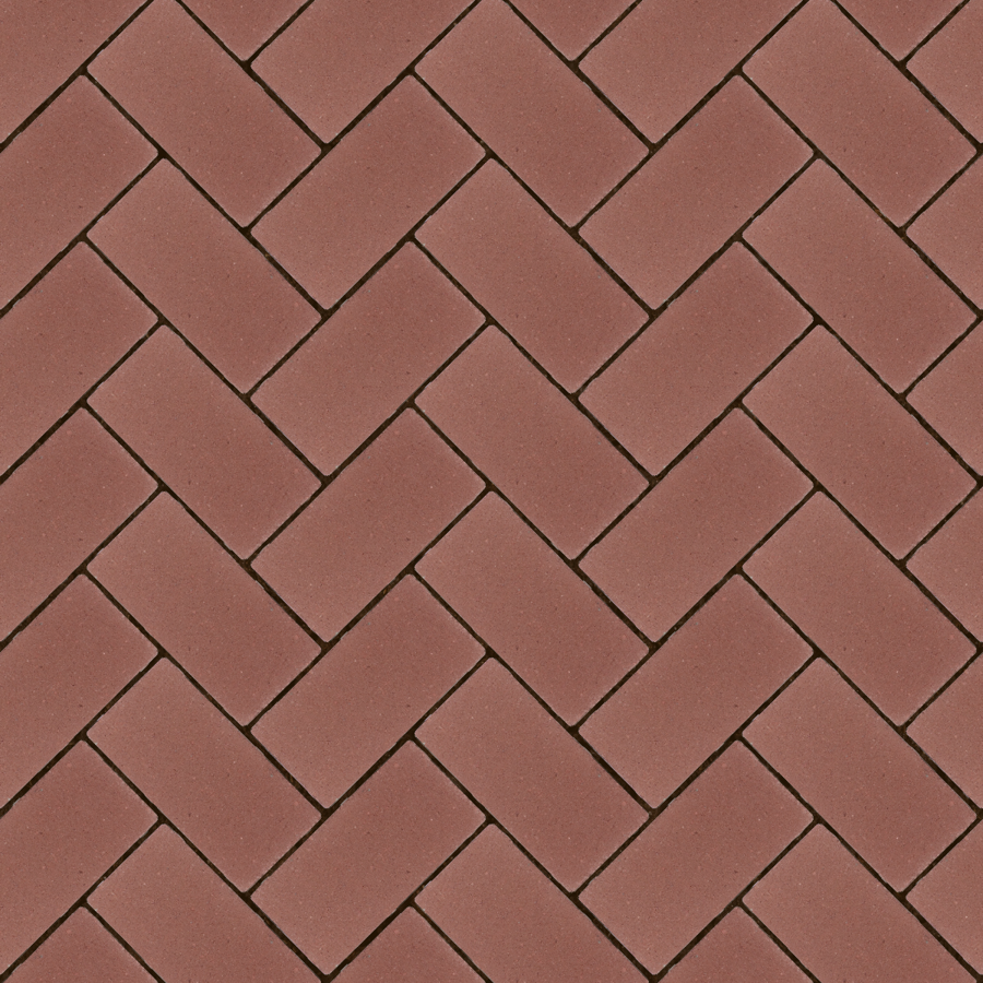 Straatbeeld met rode betonstenen gelegd in een keperverband. De stenen hebben een egale kleur en een fijne textuur, geschikt voor een strakke en moderne bestrating.