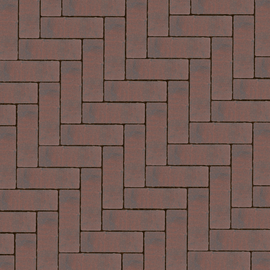 Straatbeeld met rood/antraciete betonstenen gelegd in een elleboogverband. De stenen hebben genuanceerde kleuren en een fijne textuur, geschikt voor een strakke en moderne bestrating.