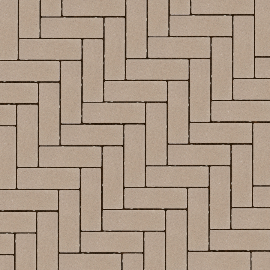 Straatbeeld met geel/bruine betonstenen gelegd in een elleboogverband. De stenen hebben een egale kleur en een fijne textuur, geschikt voor een strakke en moderne bestrating.