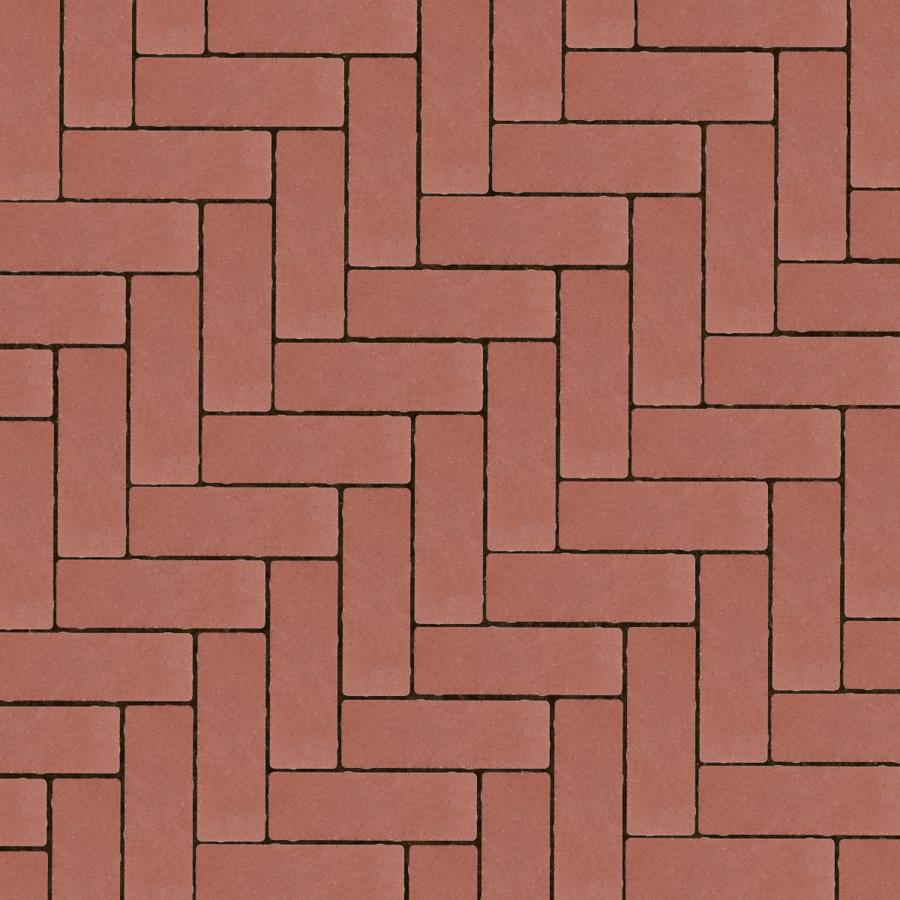 Straatbeeld met diep rode betonstenen gelegd in een elleboogverband. De stenen hebben een egale kleur en een fijne textuur, geschikt voor een strakke en moderne bestrating.