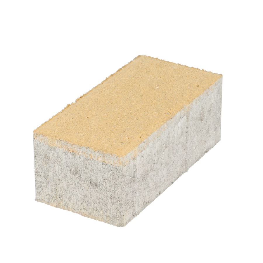 Boven zijaanzicht van een gele betonstraatsteen met een robuuste uitstraling en een fijne structuur, geschikt voor diverse bestratingstoepassingen.