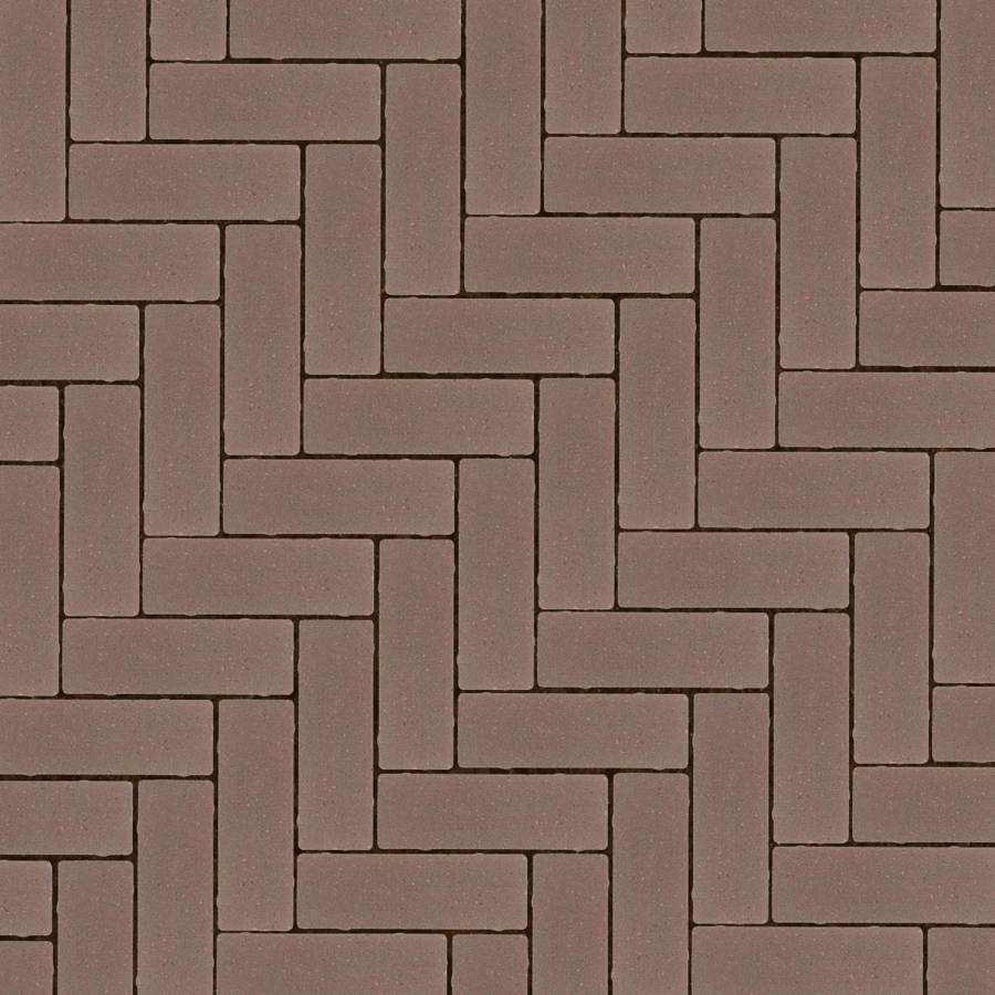 Straatbeeld met roodbruine betonstenen gelegd in een elleboogverband. De stenen hebben een genuanceerde kleur en een fijne textuur, geschikt voor een strakke en moderne bestrating.