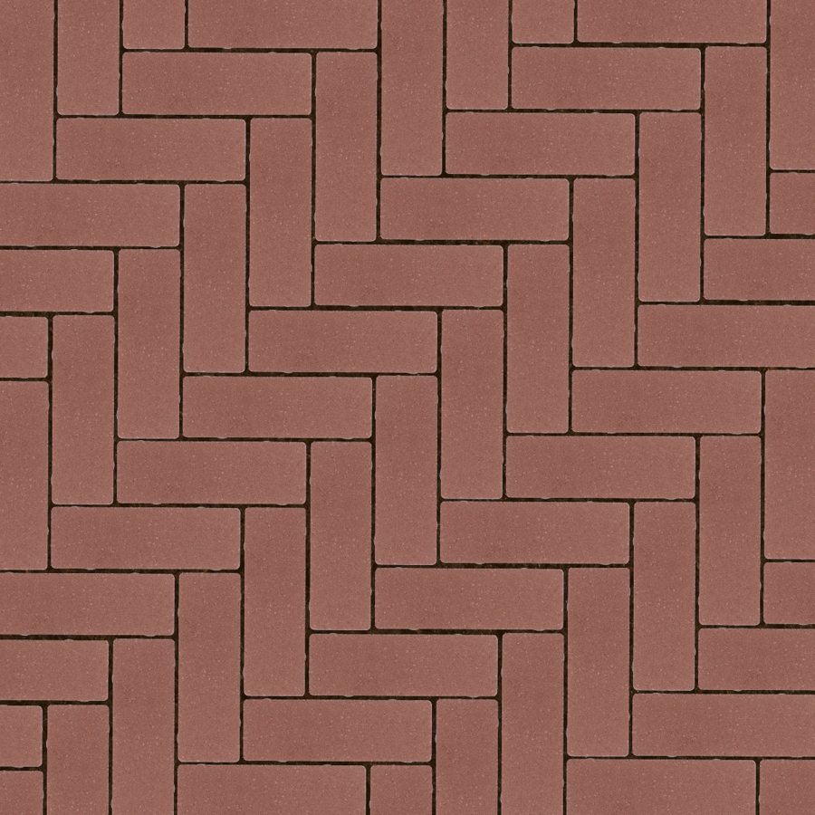 Straatbeeld met rode betonstenen gelegd in een elleboogverband. De stenen hebben een egale kleur en een fijne textuur, geschikt voor een strakke en moderne bestrating.